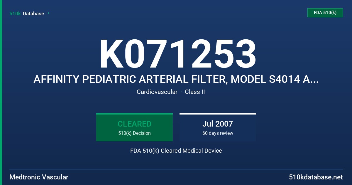 K071253 AFFINITY PEDIATRIC ARTERIAL FILTER, MODEL S4014 AND WITH CARMEDA BIOACTIVE SURFACE, MODEL CB4014 FDA 510(k) Cleared Medical Device