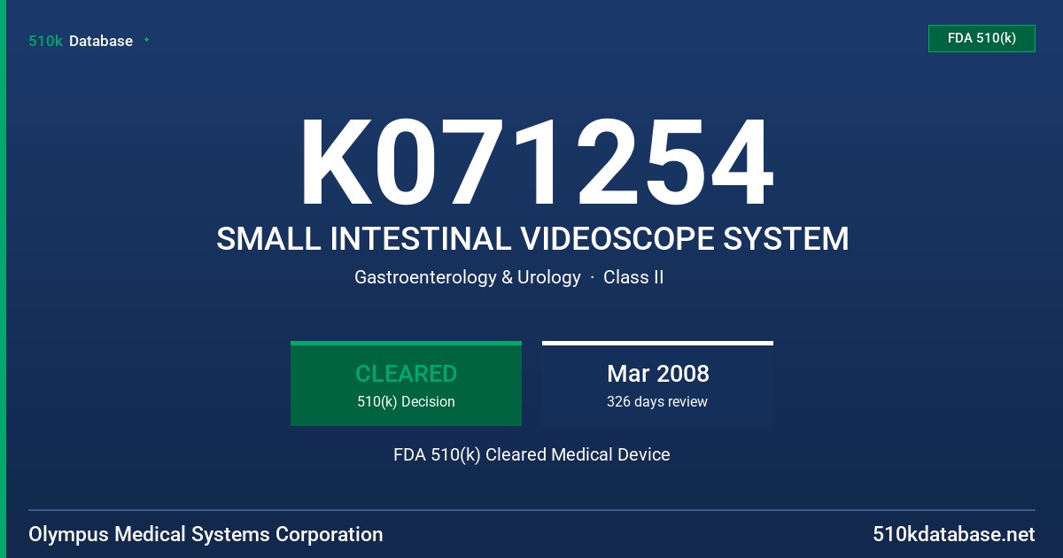 K071254 SMALL INTESTINAL VIDEOSCOPE SYSTEM FDA 510(k) Cleared Medical Device