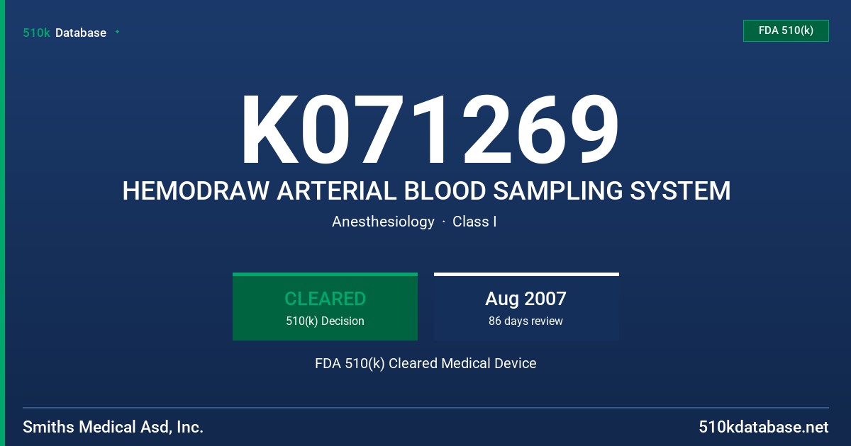 K071269 HEMODRAW ARTERIAL BLOOD SAMPLING SYSTEM FDA 510(k) Cleared Medical Device