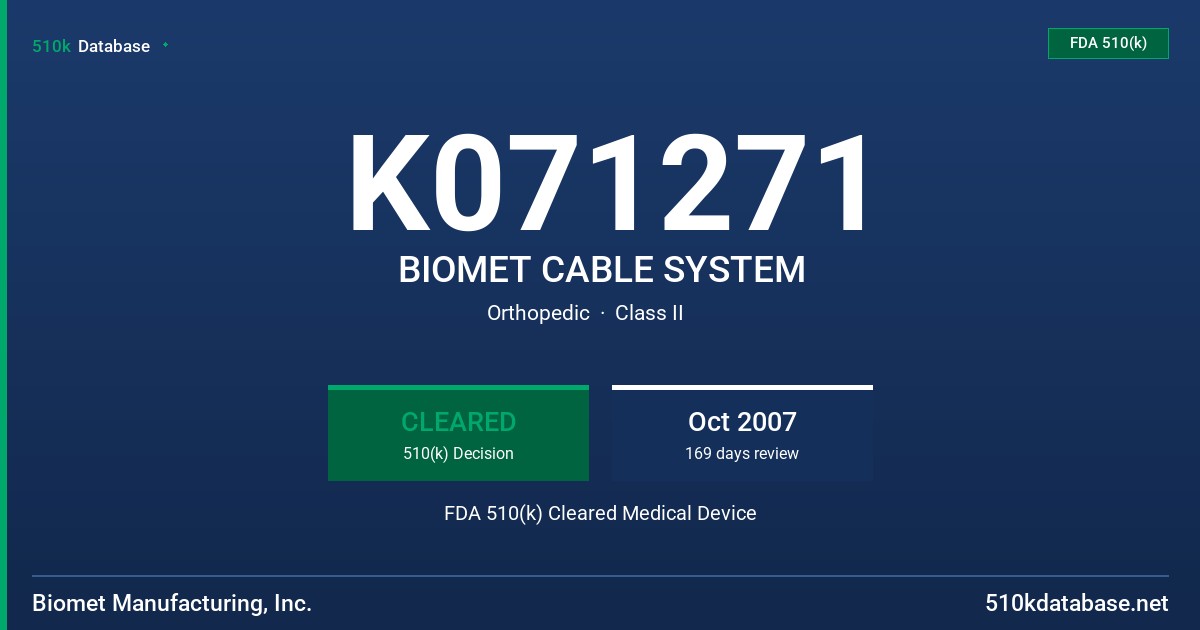 K071271 BIOMET CABLE SYSTEM FDA 510(k) Cleared Medical Device