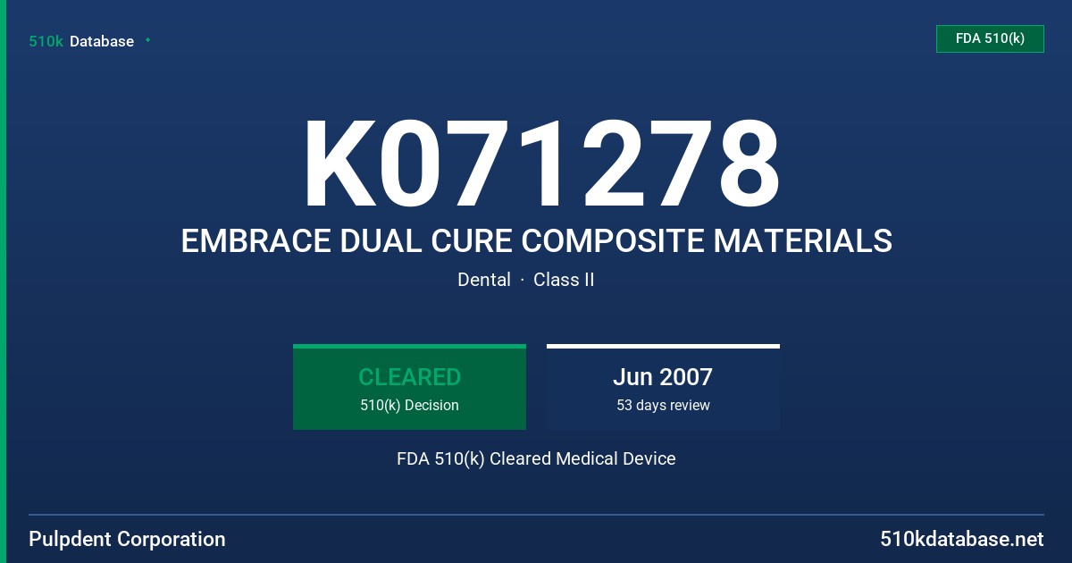 K071278 EMBRACE DUAL CURE COMPOSITE MATERIALS FDA 510(k) Cleared Medical Device