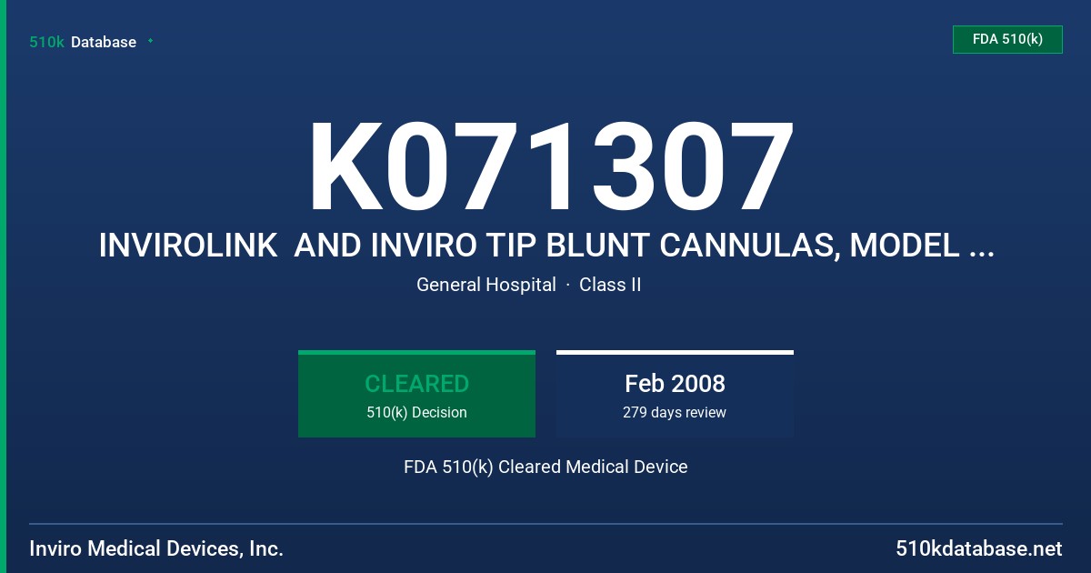 K071307 INVIROLINK  AND INVIRO TIP BLUNT CANNULAS, MODEL 130001, 130501, 140001, 140002, 140003 FDA 510(k) Cleared Medical Device