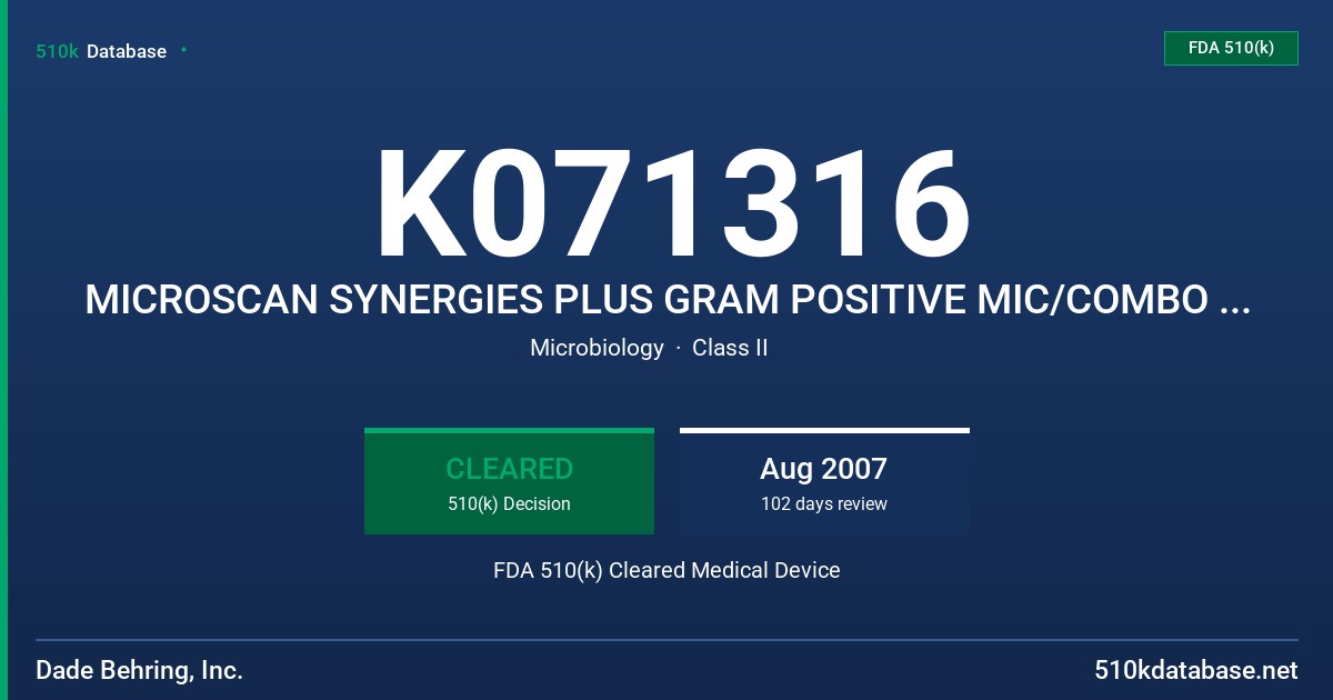 K071316 MICROSCAN SYNERGIES PLUS GRAM POSITIVE MIC/COMBO PANELS NEW ANTIMICROBIAL-STREPTOMYCIN SYNERGY SCREEN FDA 510(k) Cleared Medical Device