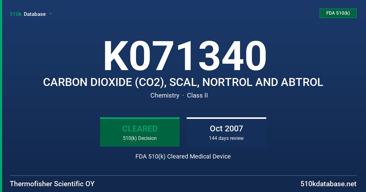 K071340 CARBON DIOXIDE (CO2), SCAL, NORTROL AND ABTROL FDA 510(k) Cleared Medical Device