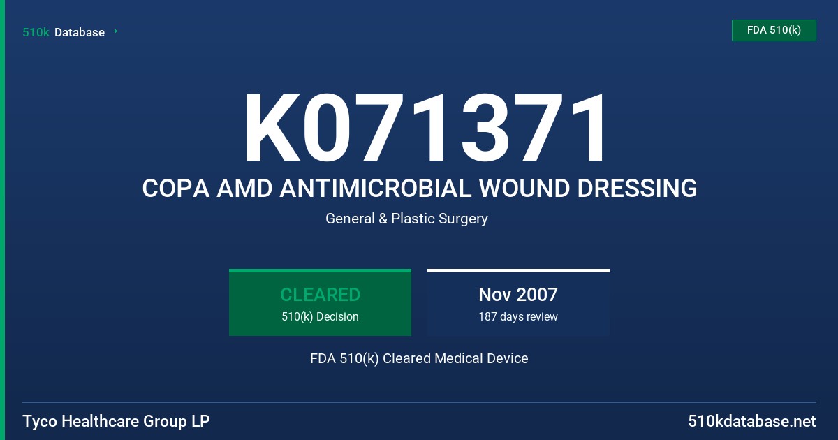 K071371 COPA AMD ANTIMICROBIAL WOUND DRESSING FDA 510(k) Cleared Medical Device