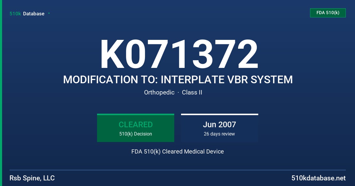K071372 MODIFICATION TO: INTERPLATE VBR SYSTEM FDA 510(k) Cleared Medical Device