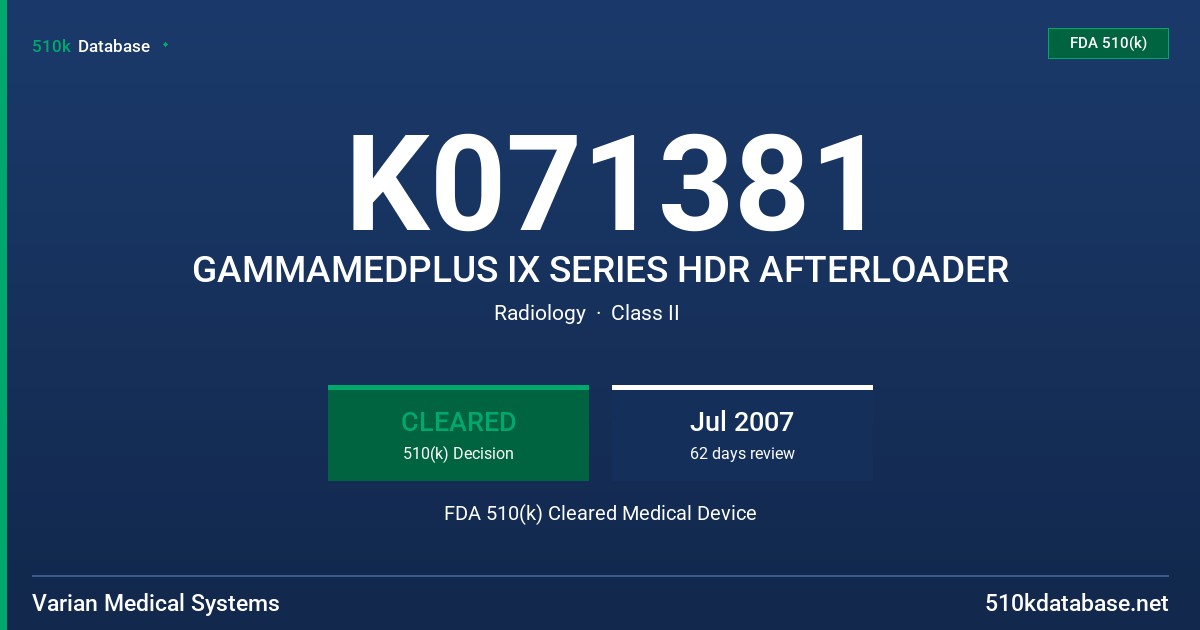 K071381 GAMMAMEDPLUS IX SERIES HDR AFTERLOADER FDA 510(k) Cleared Medical Device