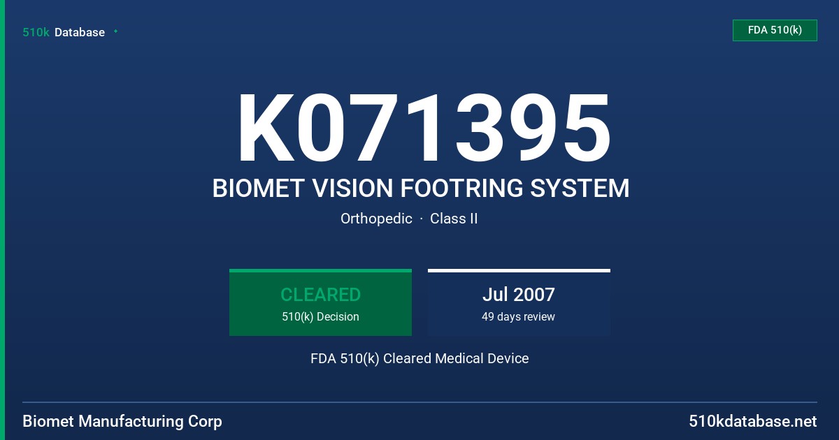 K071395 BIOMET VISION FOOTRING SYSTEM FDA 510(k) Cleared Medical Device