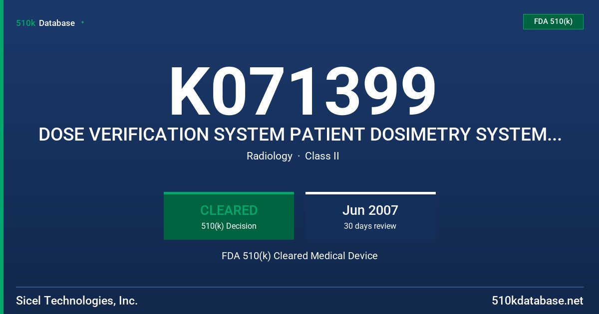 K071399 DOSE VERIFICATION SYSTEM PATIENT DOSIMETRY SYSTEM, MODEL DVS-I-11: DVS INSERTION TOOL, DVS-D-A: DVS DOSIMETER, DVS-R-100 FDA 510(k) Cleared Medical Device