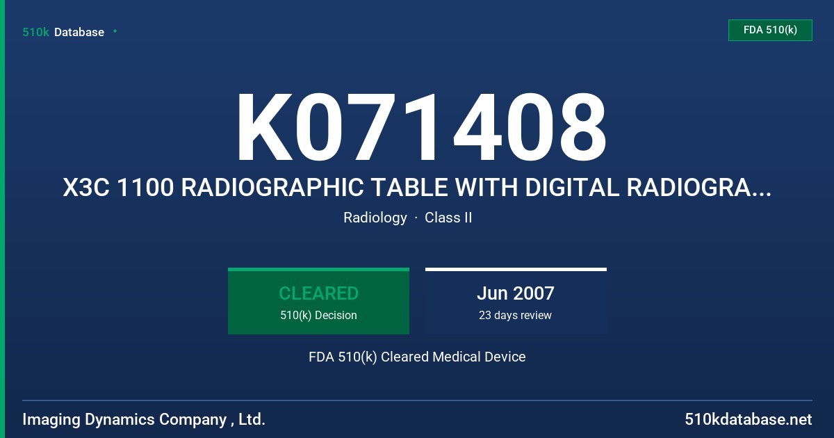 K071408 X3C 1100 RADIOGRAPHIC TABLE WITH DIGITAL RADIOGRAPHIC DETECTOR FDA 510(k) Cleared Medical Device