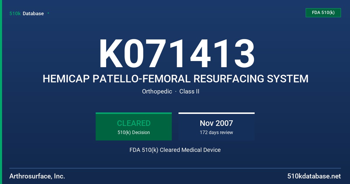 K071413 HEMICAP PATELLO-FEMORAL RESURFACING SYSTEM FDA 510(k) Cleared Medical Device