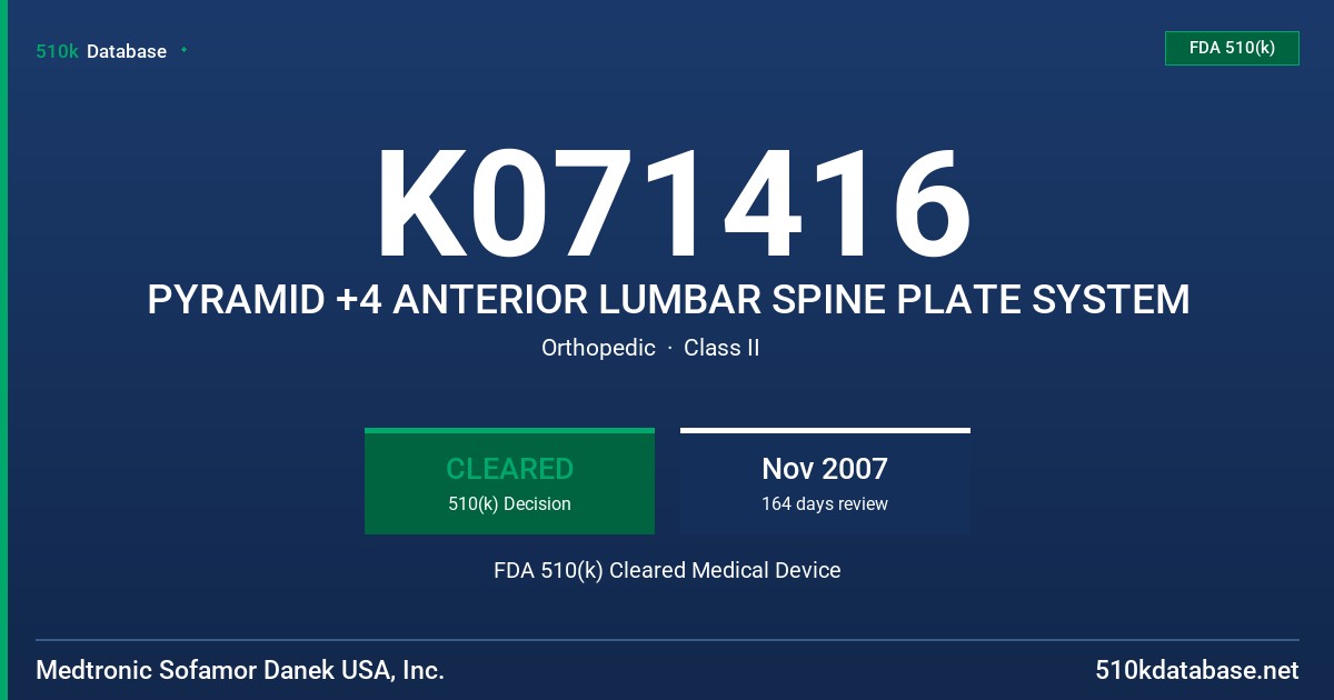 K071416 PYRAMID +4 ANTERIOR LUMBAR SPINE PLATE SYSTEM FDA 510(k) Cleared Medical Device