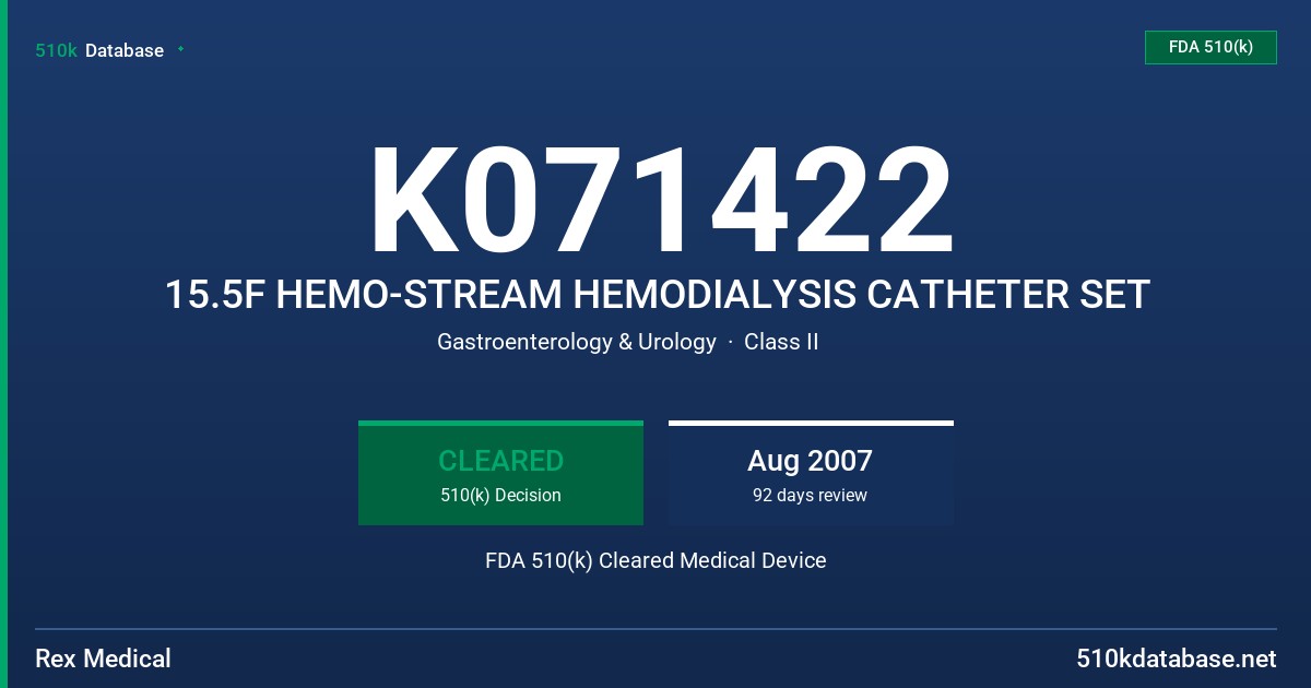 K071422 15.5F HEMO-STREAM HEMODIALYSIS CATHETER SET FDA 510(k) Cleared Medical Device