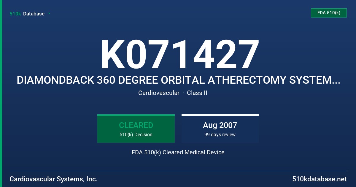 K071427 DIAMONDBACK 360 DEGREE ORBITAL ATHERECTOMY SYSTEM FOR TREATMENT OF A-V SHUNT STENOSIS FDA 510(k) Cleared Medical Device