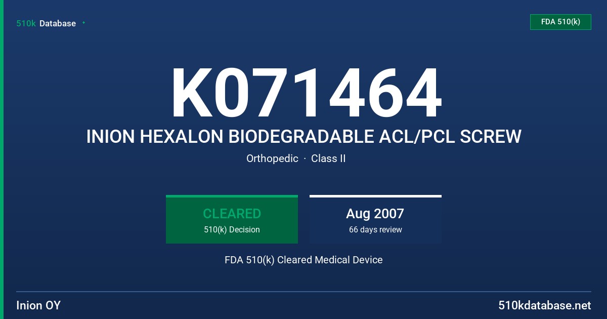 K071464 INION HEXALON BIODEGRADABLE ACL/PCL SCREW FDA 510(k) Cleared Medical Device