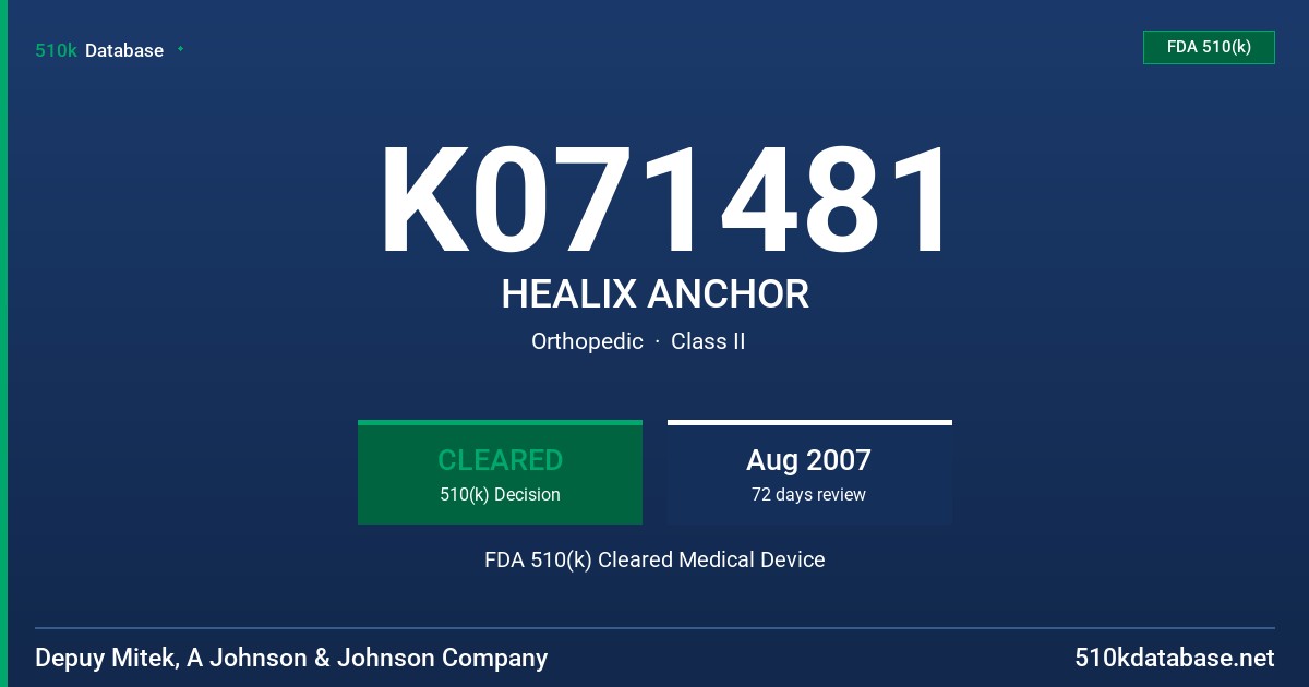 K071481 HEALIX ANCHOR FDA 510(k) Cleared Medical Device