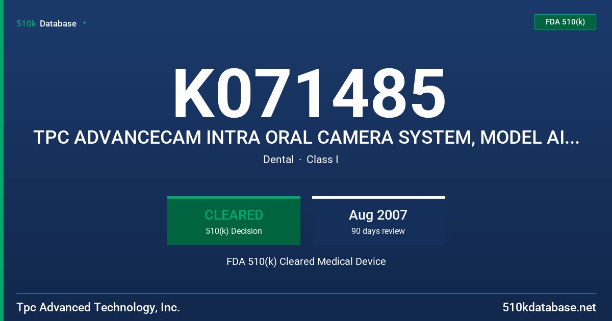 K071485 TPC ADVANCECAM INTRA ORAL CAMERA SYSTEM, MODEL AIC 888 FDA 510(k) Cleared Medical Device