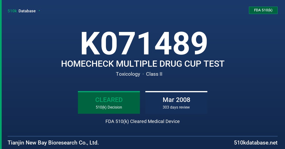 K071489 HOMECHECK MULTIPLE DRUG CUP TEST FDA 510(k) Cleared Medical Device