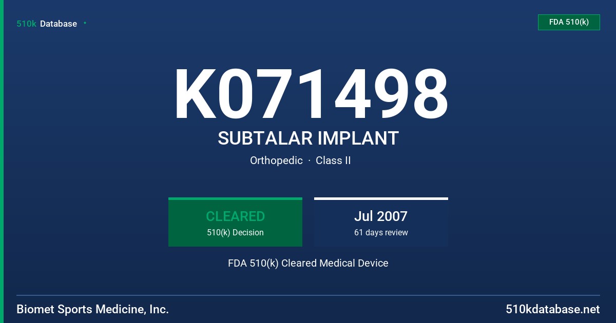 K071498 SUBTALAR IMPLANT FDA 510(k) Cleared Medical Device