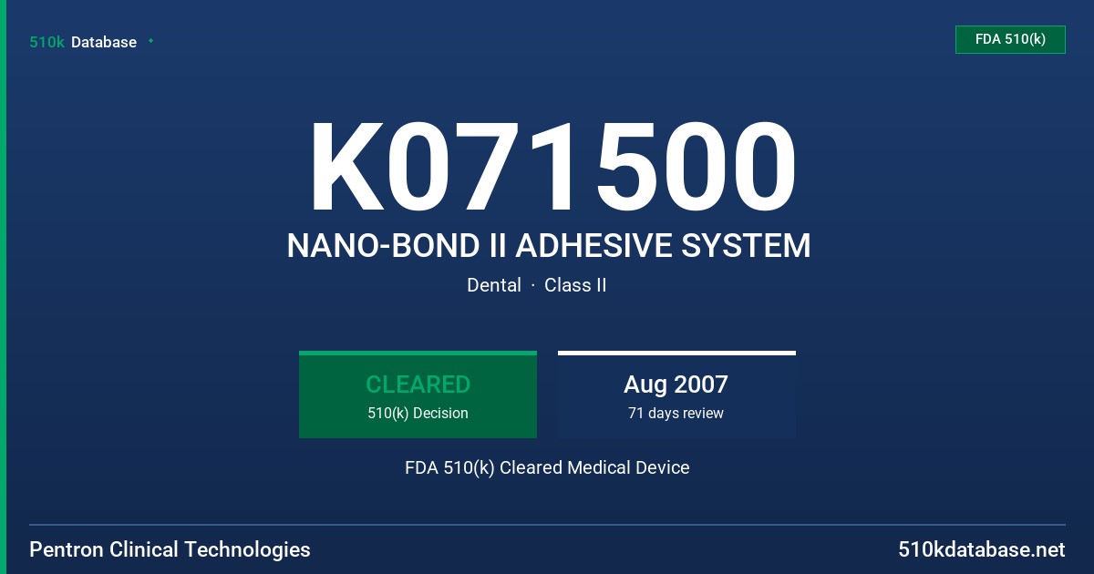 K071500 NANO-BOND II ADHESIVE SYSTEM FDA 510(k) Cleared Medical Device