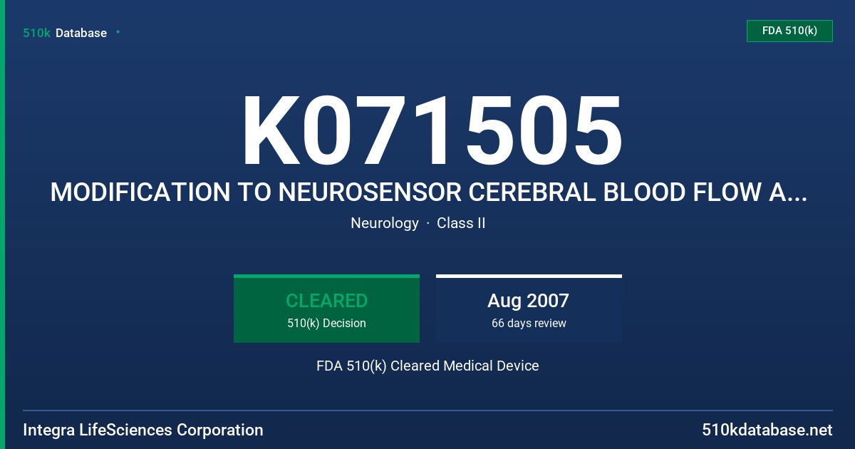 K071505 MODIFICATION TO NEUROSENSOR CEREBRAL BLOOD FLOW AND INTRACRANIAL PRESSURE MONITORING SYSTEM FDA 510(k) Cleared Medical Device