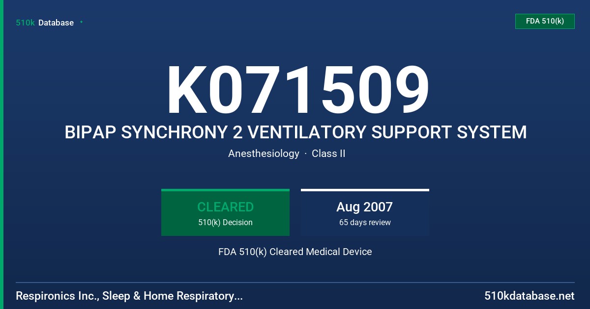 K071509 BIPAP SYNCHRONY 2 VENTILATORY SUPPORT SYSTEM FDA 510(k) Cleared Medical Device