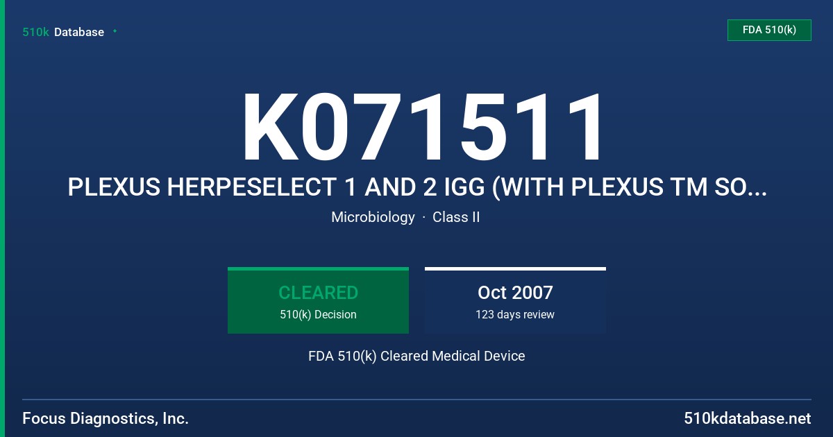 K071511 PLEXUS HERPESELECT 1 AND 2 IGG (WITH PLEXUS TM SOFTWARE), MODEL MP0900G FDA 510(k) Cleared Medical Device