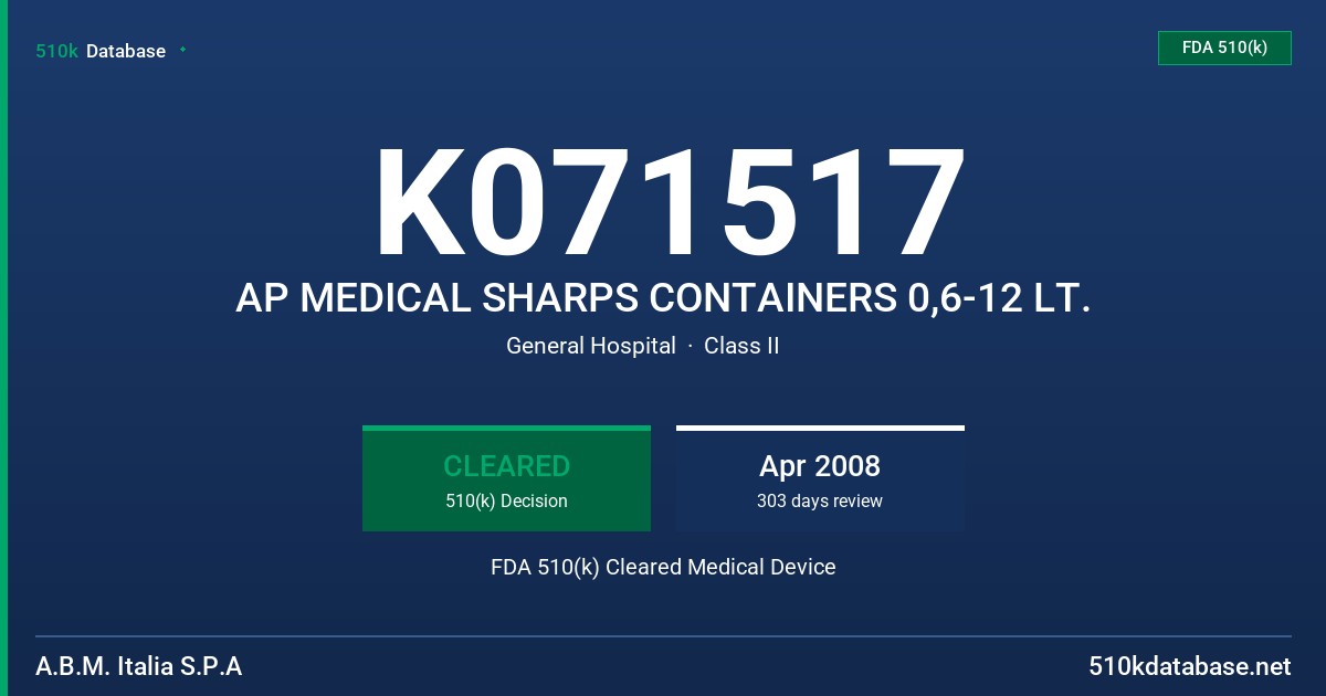 K071517 AP MEDICAL SHARPS CONTAINERS 0,6-12 LT. FDA 510(k) Cleared Medical Device