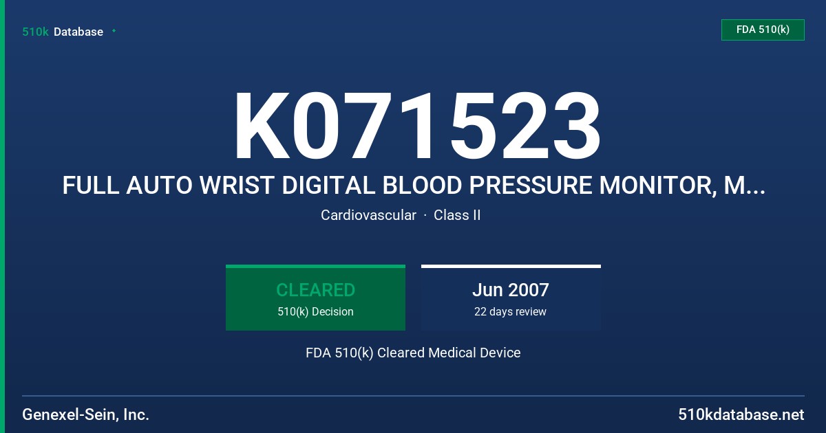 K071523 FULL AUTO WRIST DIGITAL BLOOD PRESSURE MONITOR, MODELS BP1600, BP1650, BP1700 AND BP1750 FDA 510(k) Cleared Medical Device