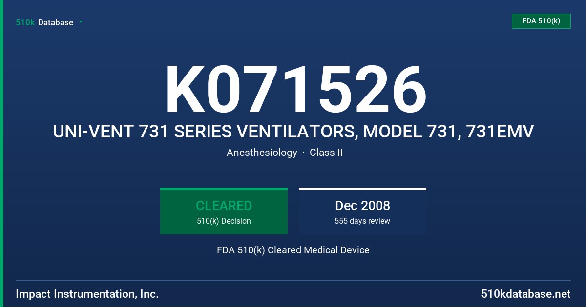 K071526 UNI-VENT 731 SERIES VENTILATORS, MODEL 731, 731EMV FDA 510(k) Cleared Medical Device