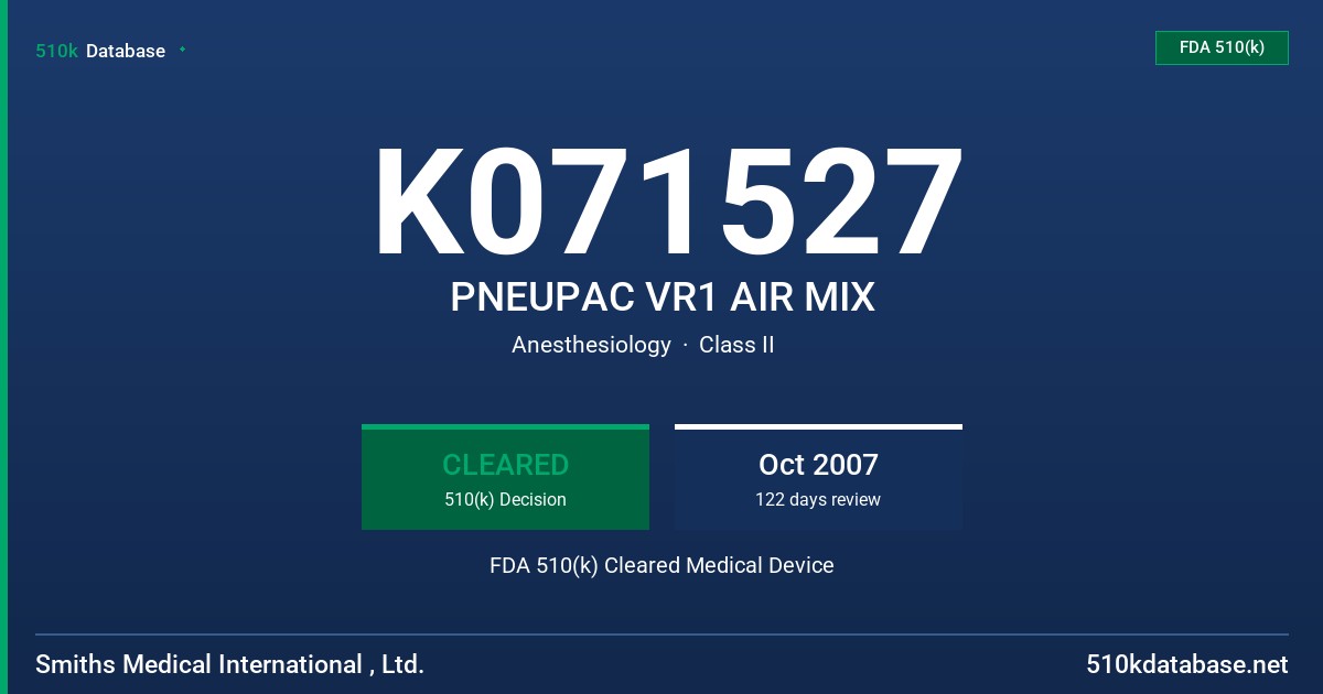 K071527 PNEUPAC VR1 AIR MIX FDA 510(k) Cleared Medical Device