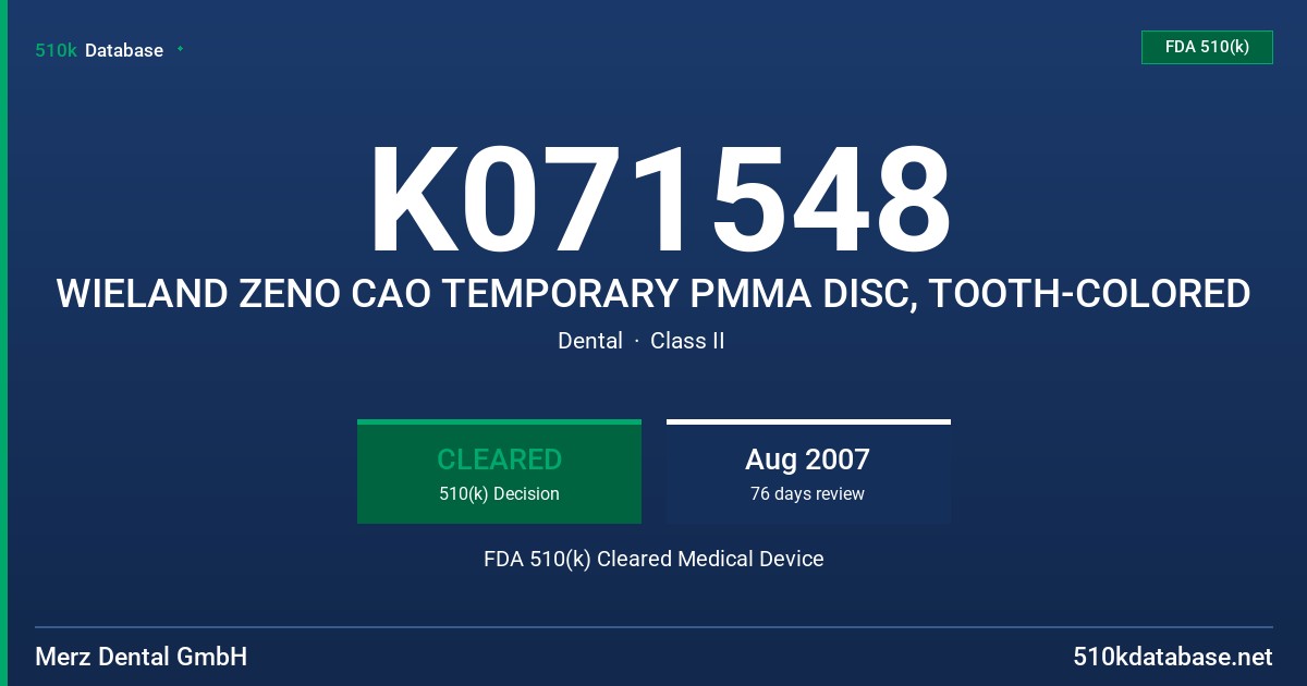 K071548 WIELAND ZENO CAO TEMPORARY PMMA DISC, TOOTH-COLORED FDA 510(k) Cleared Medical Device