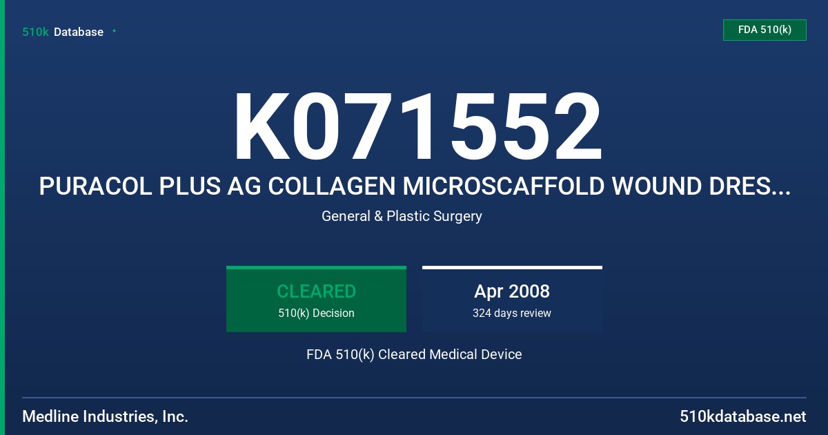 K071552 PURACOL PLUS AG COLLAGEN MICROSCAFFOLD WOUND DRESSING FDA 510(k) Cleared Medical Device