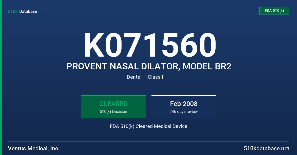 K071560 PROVENT NASAL DILATOR, MODEL BR2 FDA 510(k) Cleared Medical Device