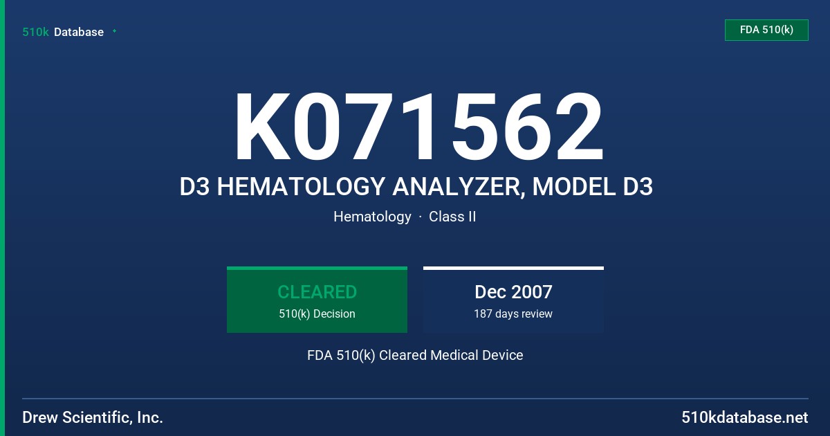 K071562 D3 HEMATOLOGY ANALYZER, MODEL D3 FDA 510(k) Cleared Medical Device