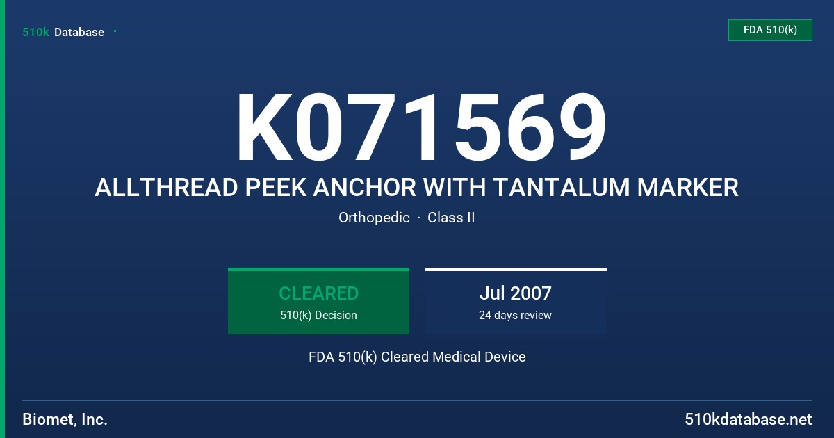 K071569 ALLTHREAD PEEK ANCHOR WITH TANTALUM MARKER FDA 510(k) Cleared Medical Device
