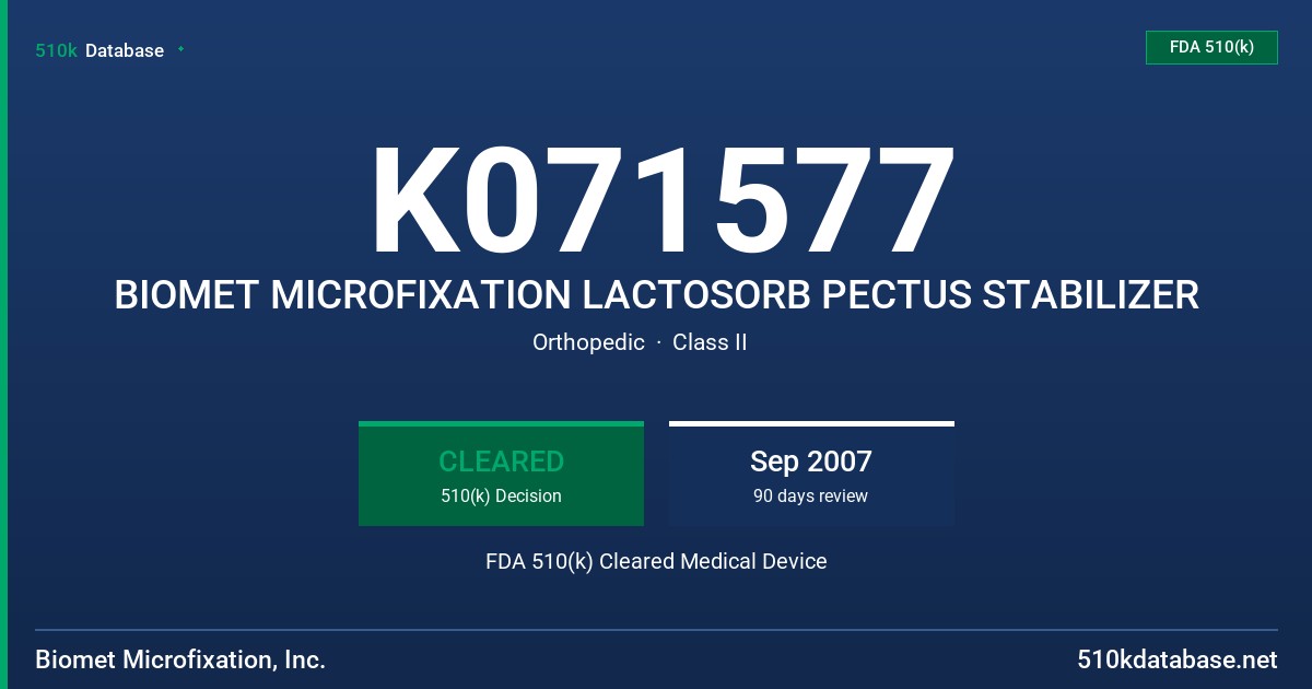 K071577 BIOMET MICROFIXATION LACTOSORB PECTUS STABILIZER FDA 510(k) Cleared Medical Device