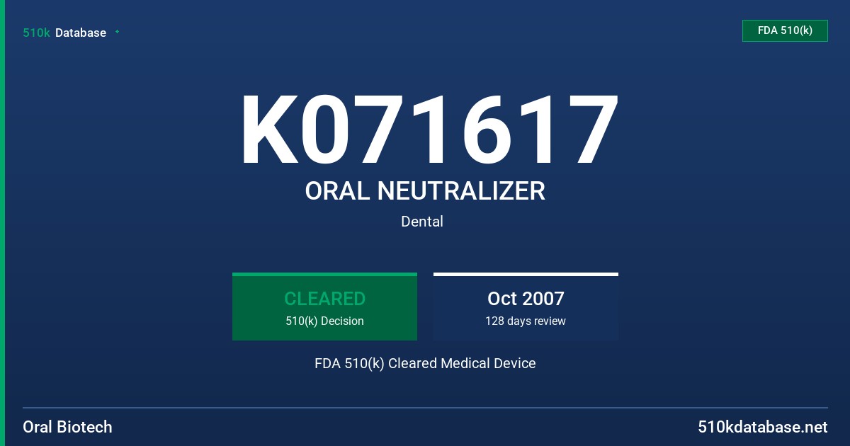 K071617 ORAL NEUTRALIZER FDA 510(k) Cleared Medical Device