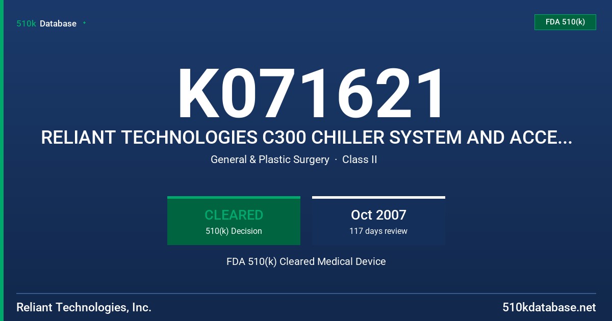 K071621 RELIANT TECHNOLOGIES C300 CHILLER SYSTEM AND ACCESSORIES FDA 510(k) Cleared Medical Device