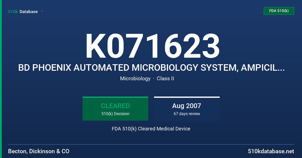K071623 BD PHOENIX AUTOMATED MICROBIOLOGY SYSTEM, AMPICILLIN-SULBACTAM (GN) 1/0.5-32/16 UG/ML FDA 510(k) Cleared Medical Device