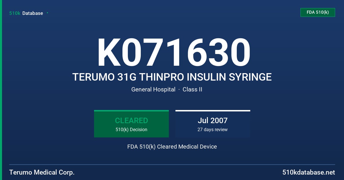 K071630 TERUMO 31G THINPRO INSULIN SYRINGE FDA 510(k) Cleared Medical Device