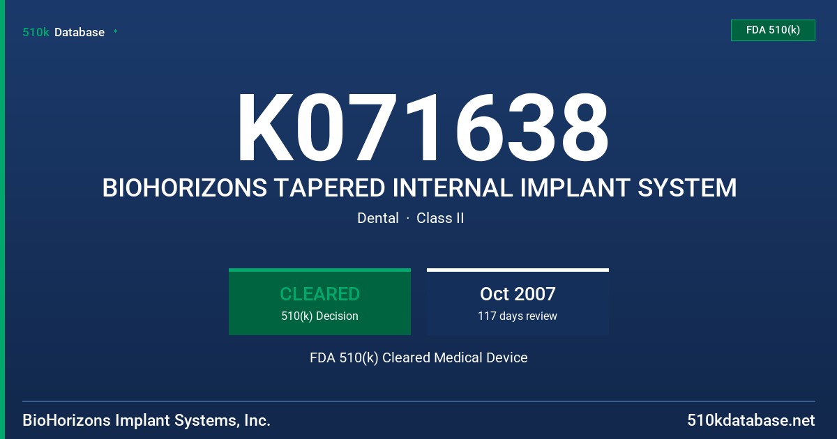 K071638 BIOHORIZONS TAPERED INTERNAL IMPLANT SYSTEM FDA 510(k) Cleared Medical Device