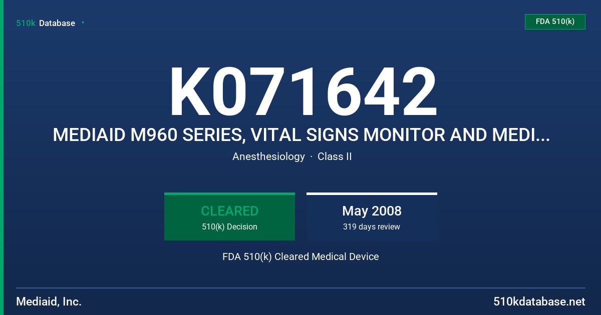 K071642 MEDIAID M960 SERIES, VITAL SIGNS MONITOR AND MEDIAID M900 SERIES, PULSE OXIMETER FDA 510(k) Cleared Medical Device
