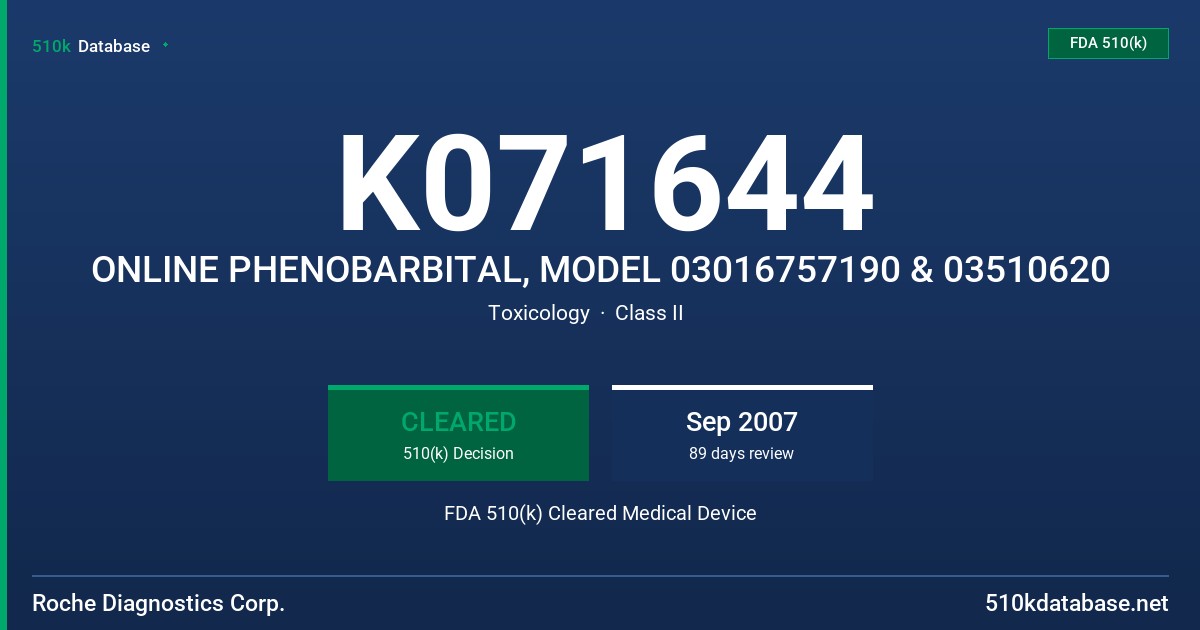 K071644 ONLINE PHENOBARBITAL, MODEL 03016757190 & 03510620 FDA 510(k) Cleared Medical Device