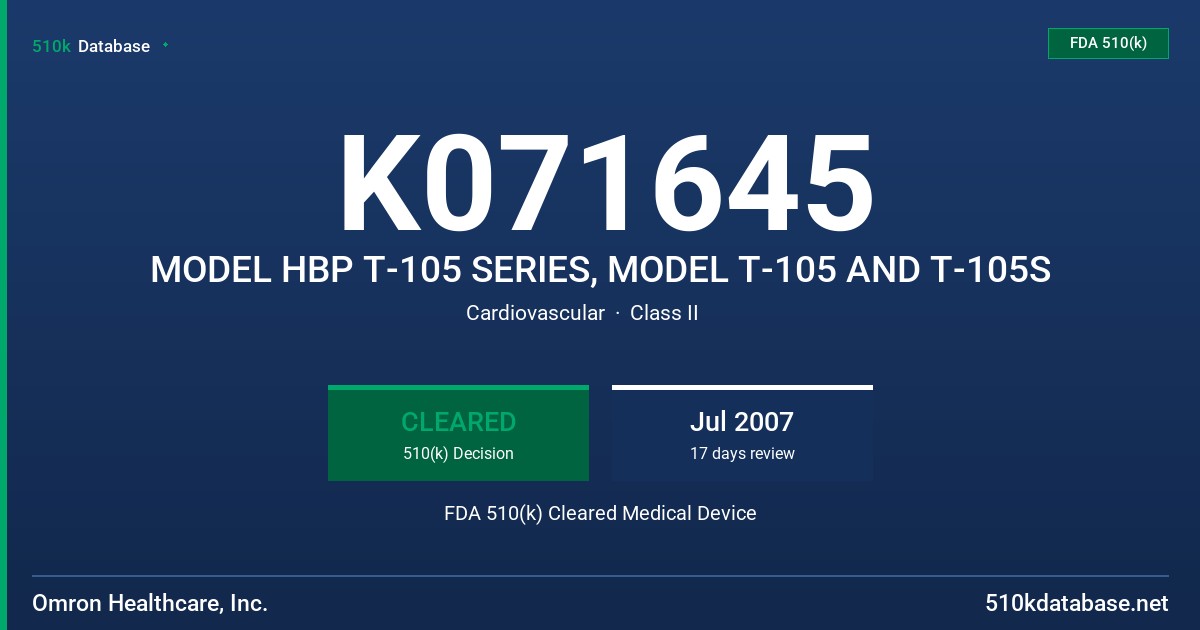 K071645 MODEL HBP T-105 SERIES, MODEL T-105 AND T-105S FDA 510(k) Cleared Medical Device