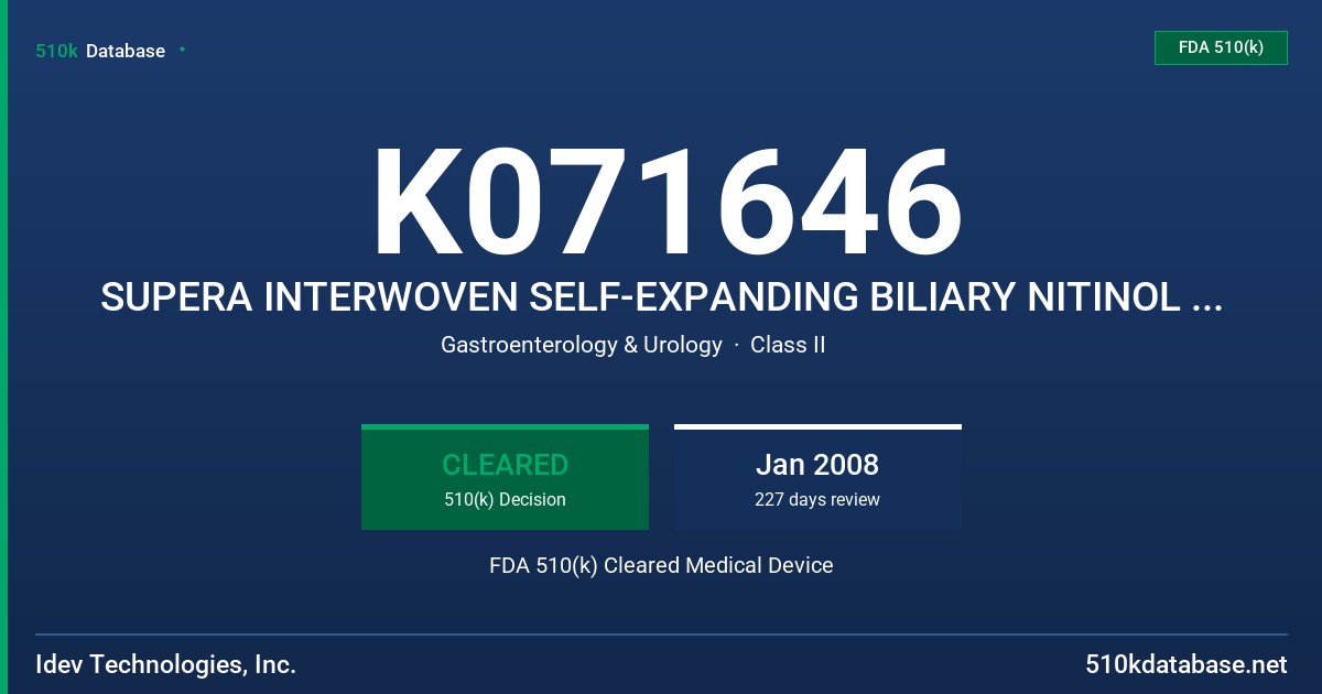 K071646 SUPERA INTERWOVEN SELF-EXPANDING BILIARY NITINOL STENT DELIVERY CATHETER, MODEL # S-04-040-120 FDA 510(k) Cleared Medical Device