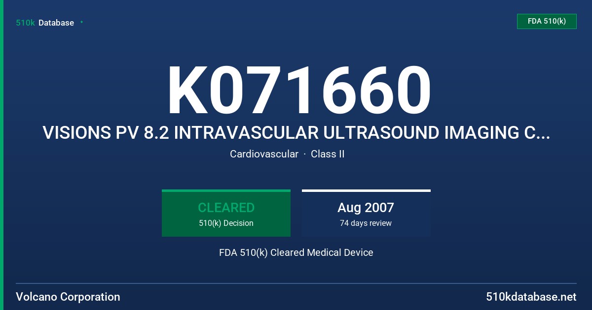 K071660 VISIONS PV 8.2 INTRAVASCULAR ULTRASOUND IMAGING CATHETER, MODEL 88900 FDA 510(k) Cleared Medical Device