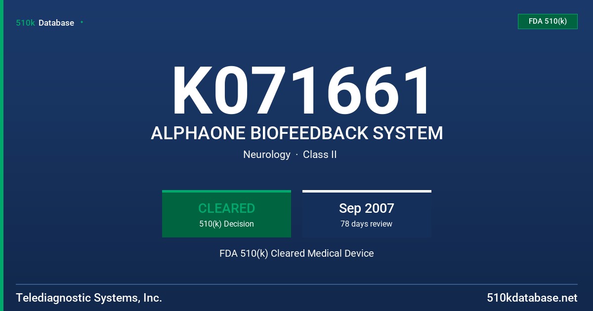 K071661 ALPHAONE BIOFEEDBACK SYSTEM FDA 510(k) Cleared Medical Device