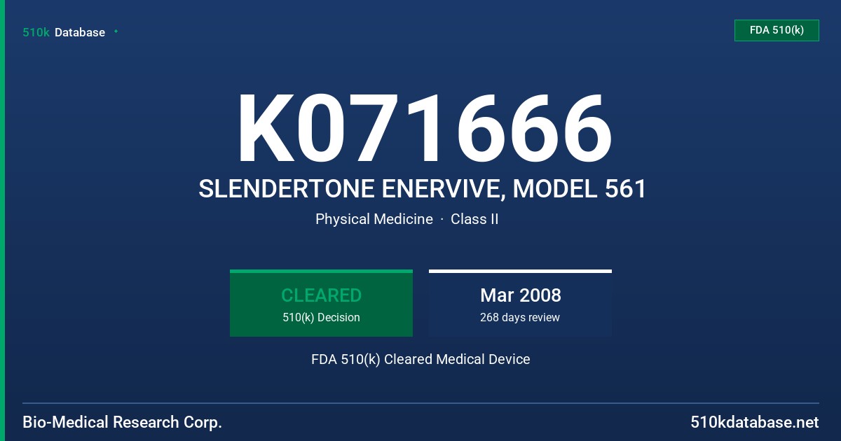 K071666 SLENDERTONE ENERVIVE, MODEL 561 FDA 510(k) Cleared Medical Device