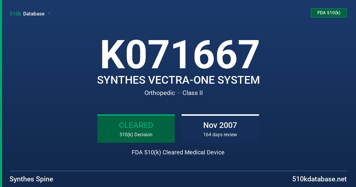 K071667 SYNTHES VECTRA-ONE SYSTEM FDA 510(k) Cleared Medical Device